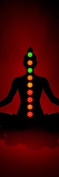 Silhouette of a serene figure seated in lotus position, surrounded by soft glow of seven chakra points along spine, with vibrant aura, meditation, spiritual