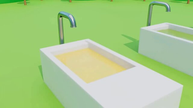 3D animation of white uncolored banana turning bright yellow in liquid tub for kids learning in 4k