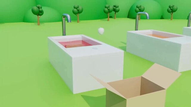 3D animation of white uncolored strawberry turning red in liquid tub for kids learning in 4k