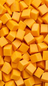 Diced orange pumpkin cubes creating a seamless background pattern, fresh raw vegetable for cooking and healthy eating