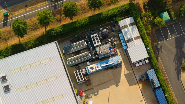 Aerial view of HVAC ventilation and server cooling units installed on the roof of a facility at the innovation campus in Harwell Oxford, England, United Kingdom.