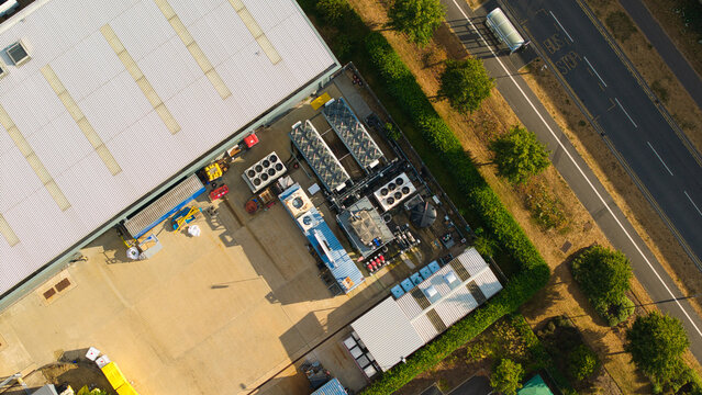 Aerial view of HVAC ventilation and server cooling units installed at an innovation campus in Harwell Oxford, England, United Kingdom.