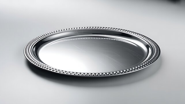 A silver platter with an ornate border sits on a plain surface
