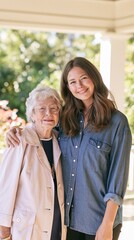 Fototapeta premium Smiling young woman embracing elderly grandmother on porch, enjoying intergenerational connection and family bond