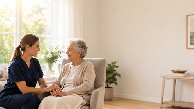 Caregiver holding hands with a senior woman near a bright window