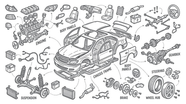 Exploded View of Car Components, Hand-Drawn Style