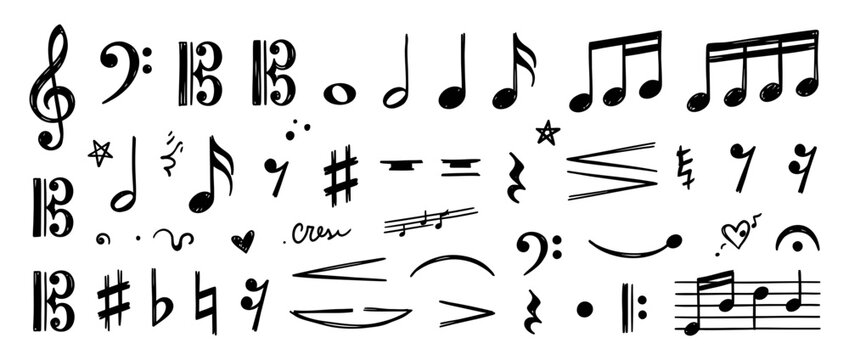 Hand-drawn Musical Notes and Symbols Isolated