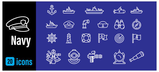 Set of navy icons featuring maritime elements including ships anchors captain hat lighthouse periscope binoculars compass and various nautical marine equipment symbols. © azharul50