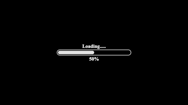 0 to 100 Percent Loading Progress Bar Icon with Status Indicator for File Upload, Download, Installation, Buffering, Processing, System Update and User Interface on Black Background.