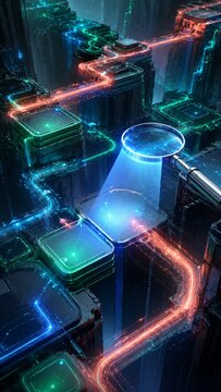 Vertical Futuristic digital art illustration of a magnifying glass inspecting glowing data streams on a complex circuit board city. Cybersecurity concept for big data analytics and threat detection.