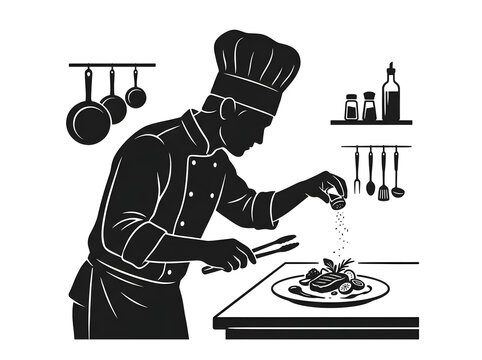 Black and white silhouette of a professional chef seasoning a dish in a kitchen setting