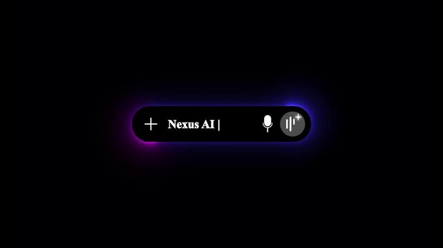 Modern dark mode Nexus AI search bar interface featuring glowing neon background with prompt text input box microphone voice search icon and generative assistant waveform symbol.