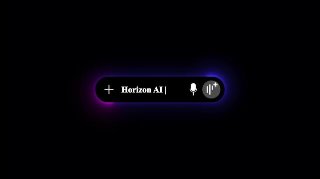 Modern dark mode Nexus AI search bar interface with prompt text input field microphone voice search icon and generative artificial intelligence waveform symbol on glowing neon background.