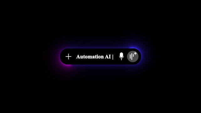High tech Automation AI search input bar design with voice assistant microphone icon generative intelligence waveform visualizer and futuristic glowing purple blue neon background.