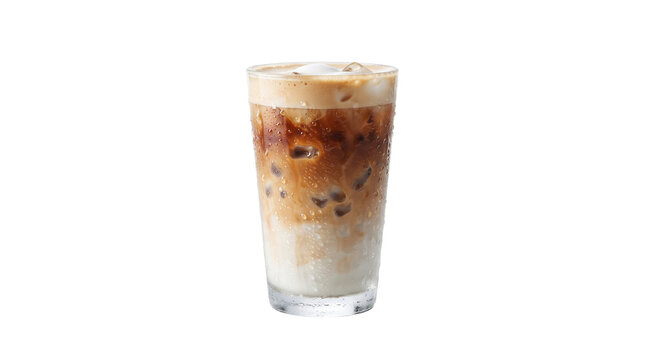 Iced latte coffee with milk foam, chilled espresso beverage in glass, refreshing cold brew drink isolated on white background