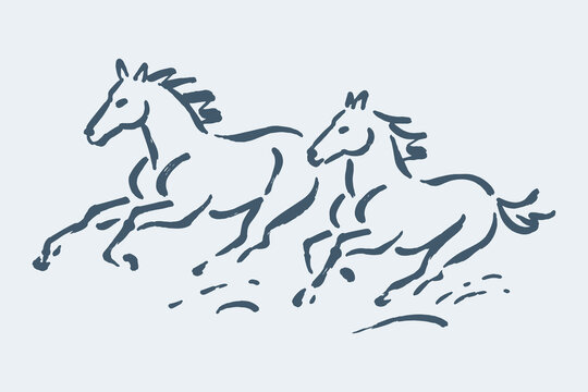 Running Horses Hand Drawn Vector Illustration
