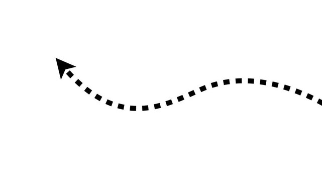 Minimalist black dotted line moving in a wavy path with an arrow pointing left on a transparent alpha channel background.