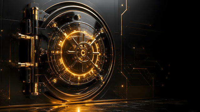 Futuristic digital bank vault door made of black glass and gold accents with glowing golden neon lock mechanism for cybersecurity investment protection and private banking concept with copy space