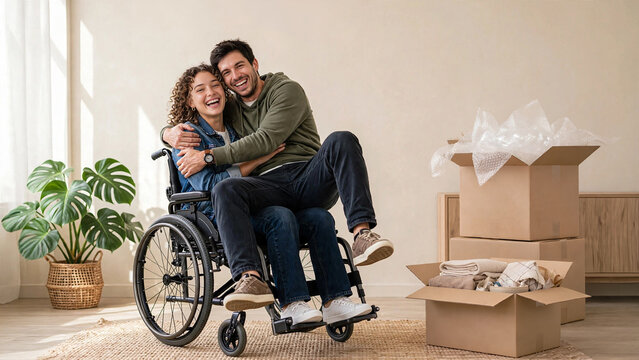 Man hugging woman in wheelchair, sitting on her lap celebrating good news as they're moving in new home, unpacking cardboard boxes in their empty, new apartment, joyful everyday life celebration scene