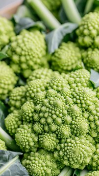 Romanesco cauliflower showing intricate fractal patterns, fresh green vegetable texture and natural geometry
