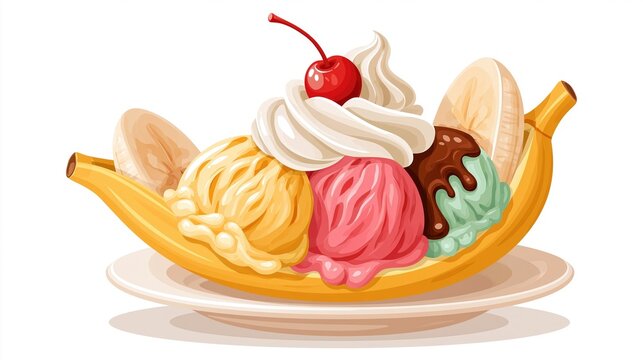 Flat vector illustration of a banana split dessert celebrating National Banana Split Day, bold clean shapes, three colorful ice cream scoops, banana halves, cherry on top, whipped cream swirls