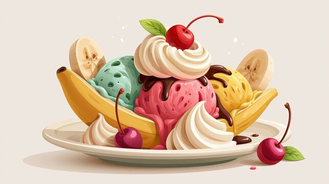 Flat vector illustration of a banana split dessert celebrating National Banana Split Day, bold clean shapes, three colorful ice cream scoops, banana halves, cherry on top, whipped cream swirls