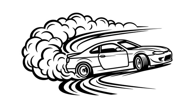 Drift Car Vector Illustration Black Sports Car Burnout Tire Smoke Logo Element Isolated White Background