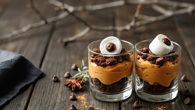 Two delicious glasses of pumpkin mousse dessert decorated with edible candy eyeballs for a spooky halloween party treat celebration