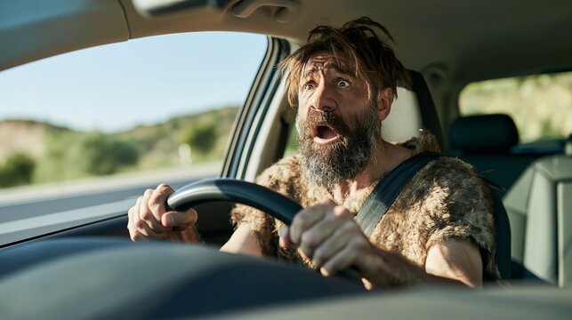 Primitive caveman driving modern car, experiencing shock and confusion, time travel concept