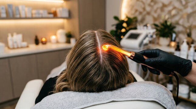 Woman receiving scalp treatment with high frequency machine in a modern salon