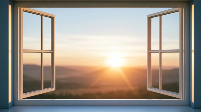 Open window framing a golden sunset over mountains, tranquil evening light illuminating peaceful natural landscape
