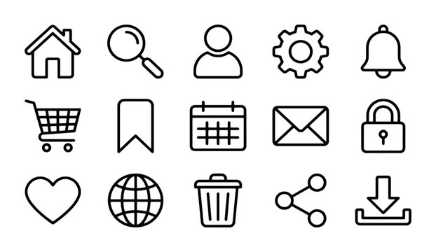 Minimalist web icon set, 15 black line interface icons for mobile apps, clean outline navigation symbols for website design and digital UI