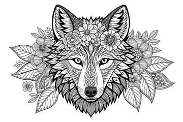 Fototapeta premium Wolf head with floral and leaf illustration