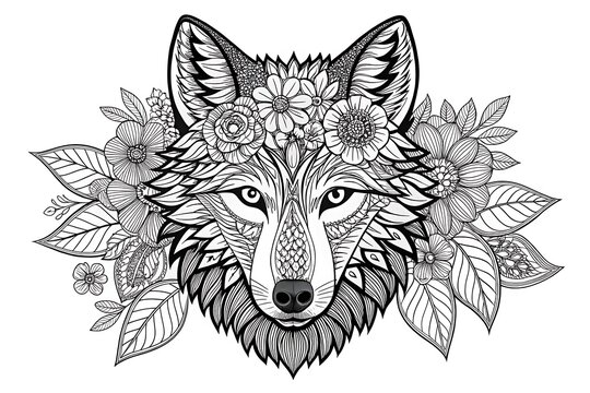 Wolf head with floral and leaf illustration