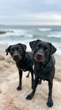 Two black Labrador dogs standing on a rocky beach, watching with curious brown eyes by the ocean waves