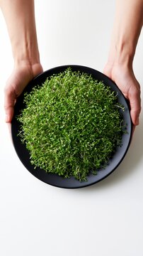Hands holding black plate of fresh green microgreens, presenting healthy vegan food concept