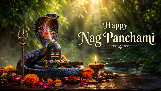 Nag panchami celebration with cobra protecting shiv lingam beside trident flowers oil lamp and sacred offerings in peaceful forest sanctuary at sunrise