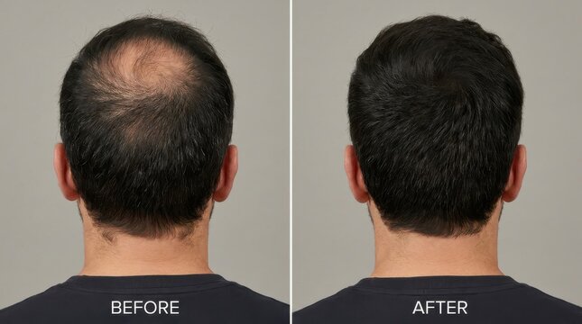 Hair loss and restoration comparison showing before and after treatment