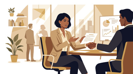 Fototapeta premium Business meeting handshake between diverse colleagues in modern office setting
