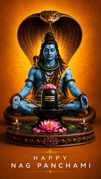 Nag panchami devotional scene with meditating mahadev cobra canopy shiv lingam lotus flowers glowing lamps and ornate sacred altar for hindu festival