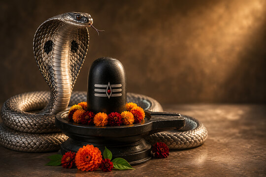 Nag panchami worship with cobra coiled around shiv lingam decorated with orange red flowers against warm brown background and soft dramatic lighting