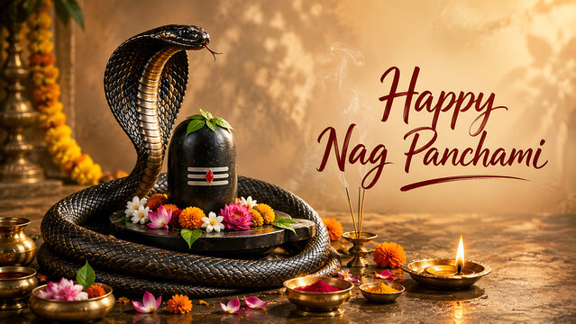 Nag panchami celebration with cobra protecting shiv lingam surrounded by lotus flowers incense bowls glowing diya and sacred offerings in golden temple