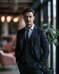Fototapeta premium Businessman wearing a suit, posing confidently in a professional environment with soft natural light.