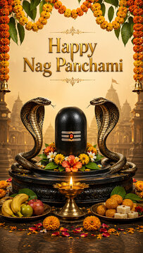 Nag panchami celebration with twin cobras beside shiv lingam surrounded by marigold garlands fruits sweets glowing diya and ancient temple architecture setting