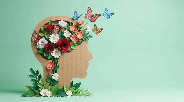 World mental health day concept vertical banner with copy space showing a cardboard silhouette of human head decorated with flowers and butterfly on mint background