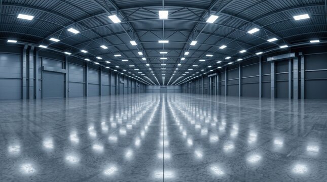 Large empty warehouse hangar or gallery interior in a full seamless 360 degree spherical HDRI panorama with spotlights, equirectangular projection for VR AR
