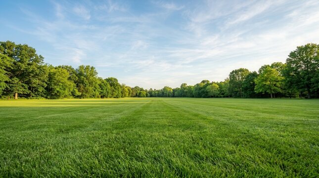 Empty unpowered campsite in a park featuring a beautiful sky, variety of trees in the background, and clean and wellmaintained grass lawn copy space.