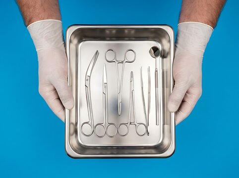 Sterile surgical instruments tray held by medical professional in gloves with instruments hospital healthcare equipment surgical procedure stainless clinical operation practitioner