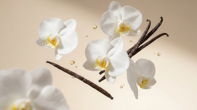 Orchid flowers and vanilla sticks floating on a beige background