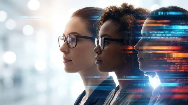 Diverse professional women featured in a digital composite with colorful interface effects